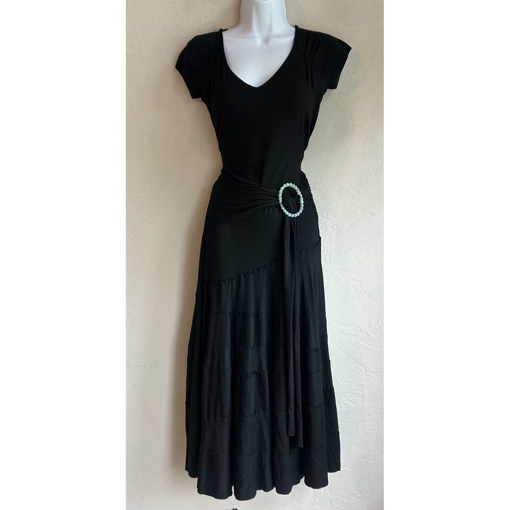 Karen‎ Kane Tiered Black Midi Dress S Romantic Western Belted Bohemian Festival